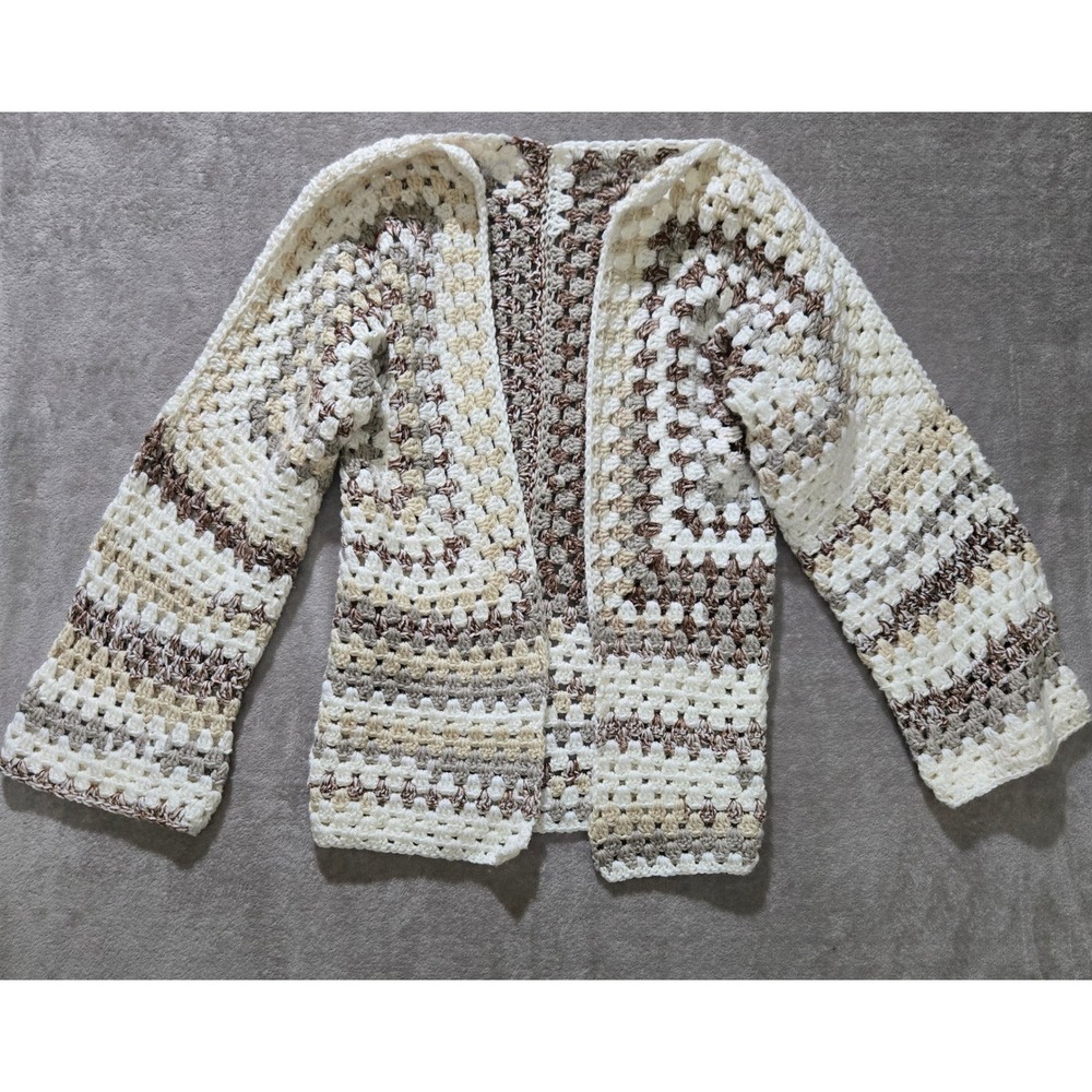 Crochet Hexigon Handmade Chunky Knit Cardigan Oversized Neutral Boho 70s Granny